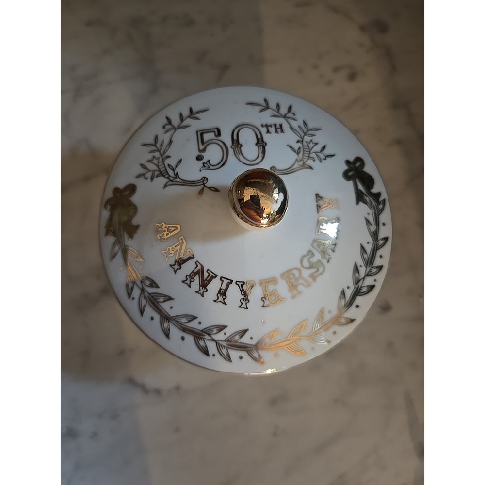 Lefton China Hand Painted Three Footed Porcelain 50th Anniversary Covered Dish